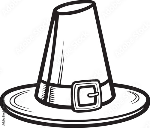 Pilgrim hat for Thanksgiving Vector Illustration, Sketch Drawing Line Linear Symbol Icon Engraving Coloring Book, Hand-drawn Black and White Isolated