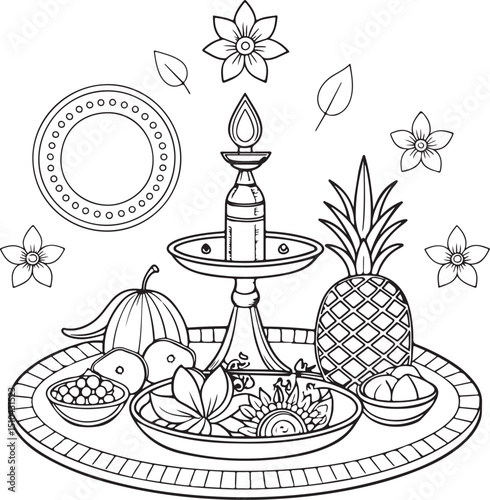 Puja thali Vector Illustration, Sketch Drawing Line Linear Symbol Icon Engraving Coloring Book, Hand-drawn Black and White Isolated