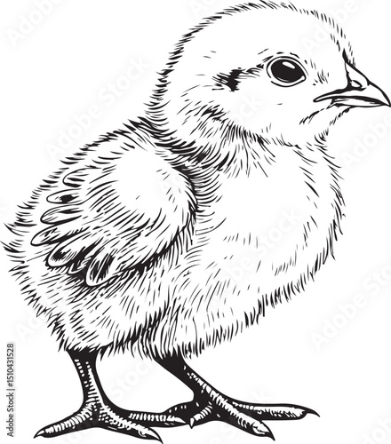 Baby Chick, Poultry on Farm, Easter Vector Illustration, Sketch Drawing Line Linear Symbol Icon Engraving Coloring Book, Hand-drawn Black and White Isolated