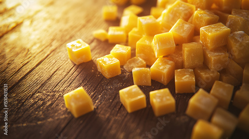 Diced cheddar cheese cubes arranged on rustic wooden surface
