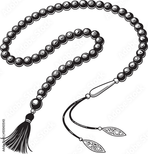 Tasbeeh beads Vector Illustration, Sketch Drawing Line Linear Symbol Icon Engraving Coloring Book, Hand-drawn Black and White Isolated