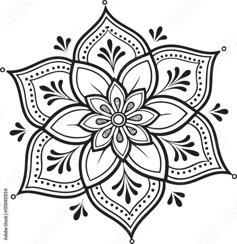 Rangoli design Vector Illustration, Sketch Drawing Line Linear Symbol Icon Engraving Coloring Book, Hand-drawn Black and White Isolated
