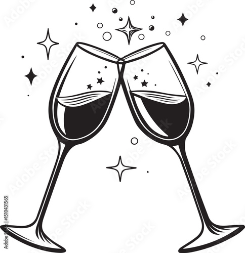 Toasting glasses Vector Illustration, Sketch Drawing Line Linear Symbol Icon Engraving Coloring Book, Hand-drawn Black and White Isolated