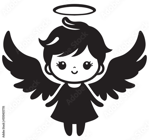 Cute Adorable Sweet Simple Black and White Cartoon Angel Illustration with Wings and Halo Graphic Design Art Style