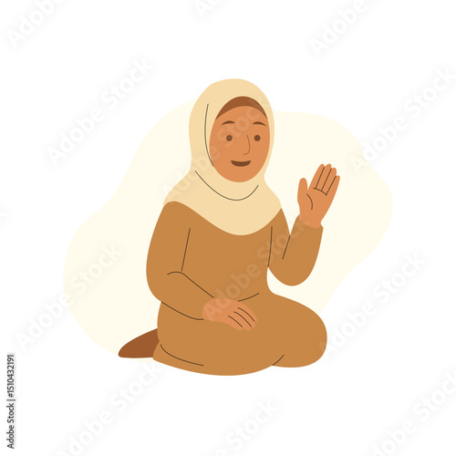Flat Design Illustration of a Smiling Muslim Woman Waving While Sitting – Islamic Character in Modest Hijab