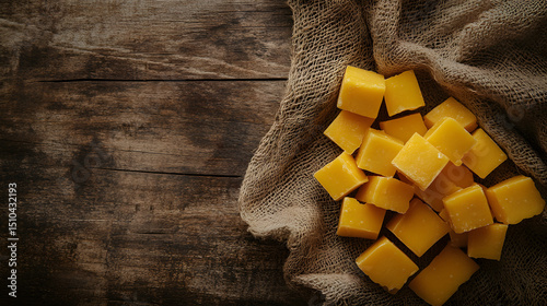 Diced cheddar cheese cubes arranged on rustic wooden surface

