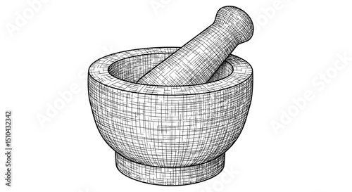 Mortar and pestle outline in wireframe style