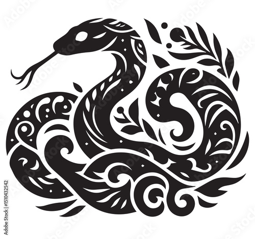 Elegant Black and White Stylized Snake Illustration with Ornate Tribal Patterns, Leaves, and Decorative Elements
