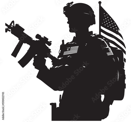 US Military Soldier Black Silhouette with Rifle and American Flag Patriotic Vector Illustration