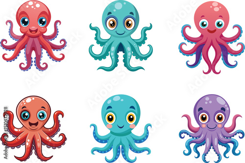 Six Adorable Cartoon Octopuses in Various Colors.