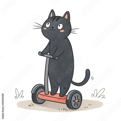 Black cat standing on a Segway minimal details and solid colors on a plain Watercolor vector, white background 