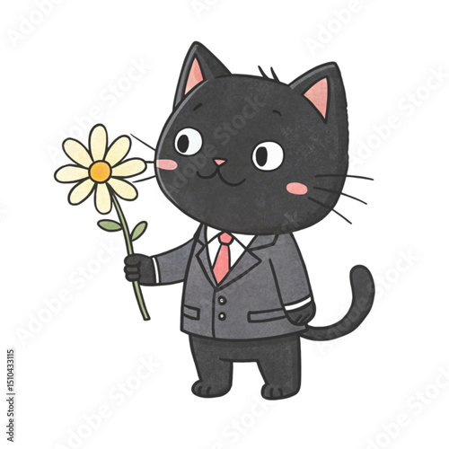 Black cat holding flowers minimal details and solid colors on a plain Watercolor vector, white background 
