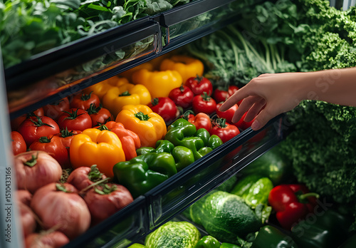 A person reaching for fresh vegetables in a well-organized refrigerator