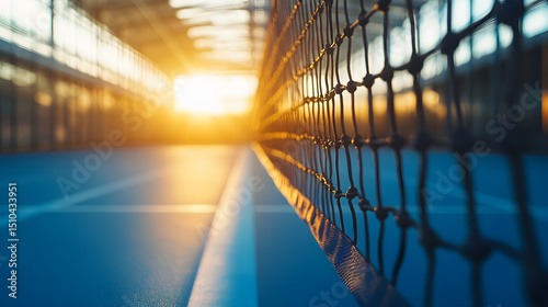 Minimalist shot padel court sunrise soft shadows tranquil atmosphere
