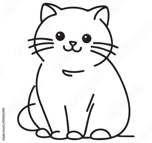 Cute Simple Cartoon Cat Line Art Drawing Sitting Feline Illustration Adorable Minimalist Style White Kitten Outline Art Isolated White Background