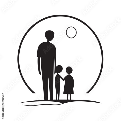 Vector silhouette illustration of a father with two children, representing family bonding, parenting, and fatherhood