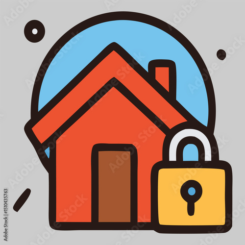 Real estate icon vector of locked red house, representing mortgage, secure home, property protection, or investment safety concept.