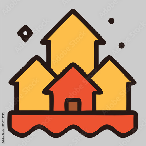 Real estate icon vector of residential area with yellow roof houses grouped together for neighborhood, village, or property development theme.