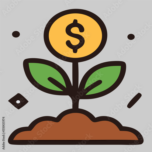 Real estate icon vector of plant sprouting from soil with dollar sign, symbolizing property growth, profit, and investment potential.
