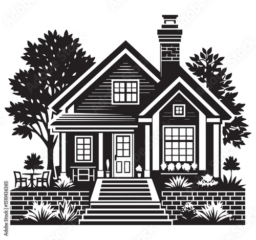 Detailed Black and White House Illustration Vector Art with Garden, Trees, and Front Porch