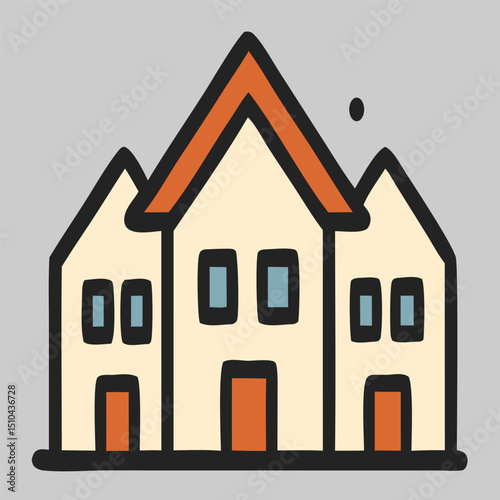 Real estate icon vector of three residential houses side by side in urban neighborhood, symbolizing housing development and property cluster.