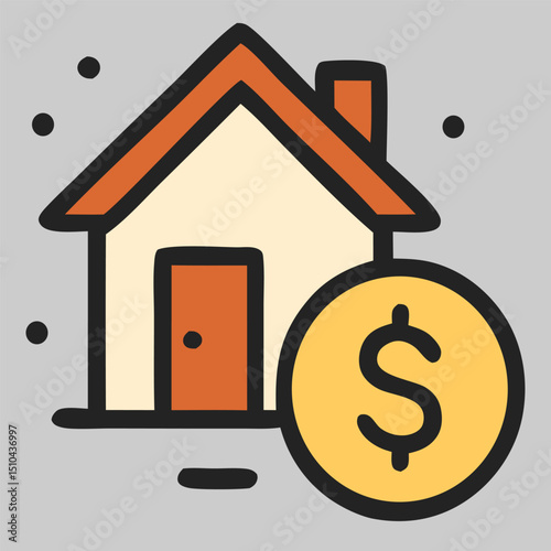 Real estate icon vector of house with large dollar coin, illustrating realty pricing, cost, finance, or home investment value.