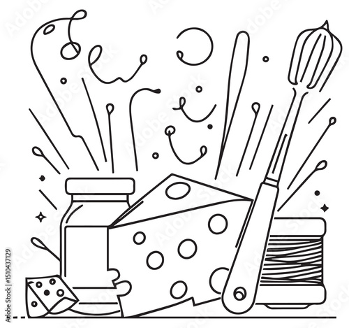 Black and White Line Art Illustration: Swiss Cheese, Whisk, Thread Spool, Needle, Pins, Jar