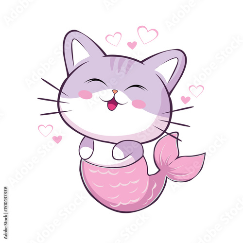 Cute cat mermaid kawaii cartoon illustration