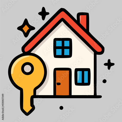 Real estate icon vector of house and golden key representing property access, homeownership, and realtor service.
