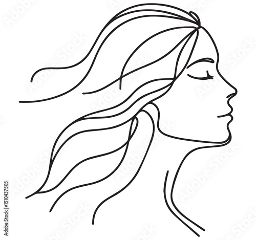 Elegant minimalist continuous line art drawing of a beautiful woman's profile with long wavy flowing hair illustration