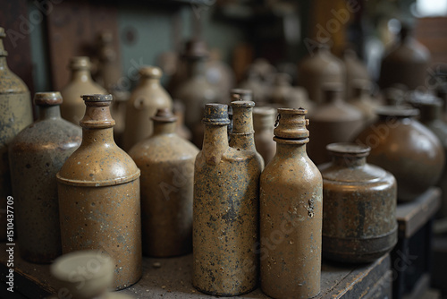 Collection of vintage stoneware bottles in muted earth tones, showcasing their aged patina and unique shapes. A testament to history and craftsmanship.