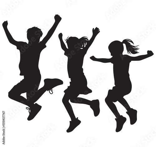 Black Silhouettes of Happy Children Jumping Excitedly on White Background Childhood Joy Vector