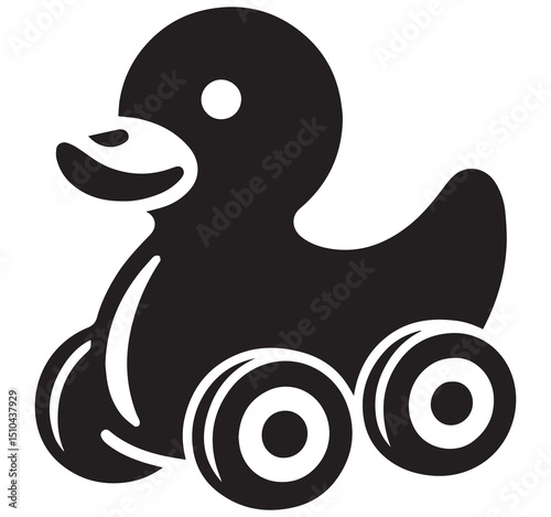 Simple Black and White Toy Duck on Wheels Silhouette Graphic