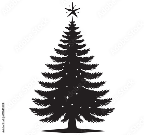 Black and White Christmas Tree Silhouette with Star Icon Graphic for Holiday Festive Design Element Vector Clipart
