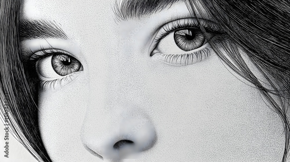 Fototapeta premium Detailed cross-hatching portrait of a girl's face