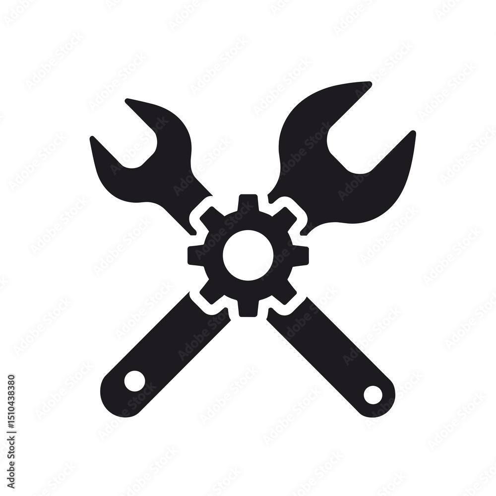 Obraz premium Black and White Illustration of Crossed Wrenches with Gear, Representing Repair and Maintenance Services