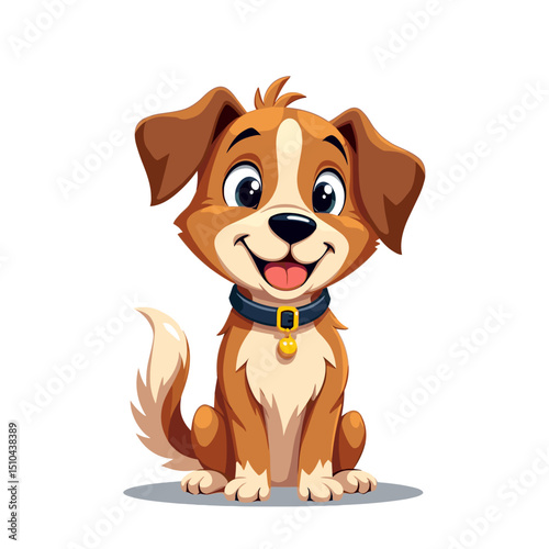 Adorable Cartoon Puppy Dog Sitting and Smiling with Big Eyes Illustration, Cute Pet Animal