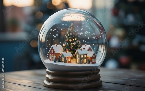 Magical Christmas Snow Globe with Holiday Village and Tree in Winter Setting photo