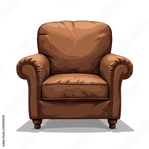 Detailed Illustration of a Brown Leather Armchair with Cushions and Shadows for Interior Design