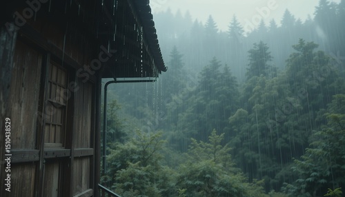 Heavy Rain Falling on Cabin with Forest View on a Cloudy Day