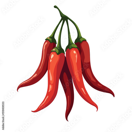 Illustration of a Bunch of Fresh Red Chili Peppers with Green Stems, Food Ingredient