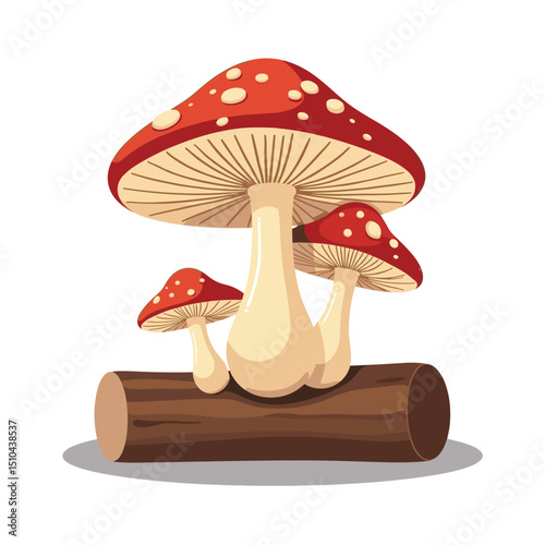 Illustration of Three Red and White Spotted Mushrooms Growing on a Log, Fungi Art