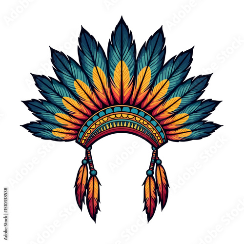 Colorful Native American Warbonnet Headdress Illustration with Feathers and Beads, Cultural Heritage Design