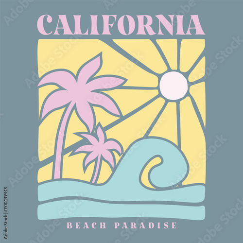 California Beach Paradise, text with a waves illustration, for t-shirt prints, posters. Summer Vector illustration.	