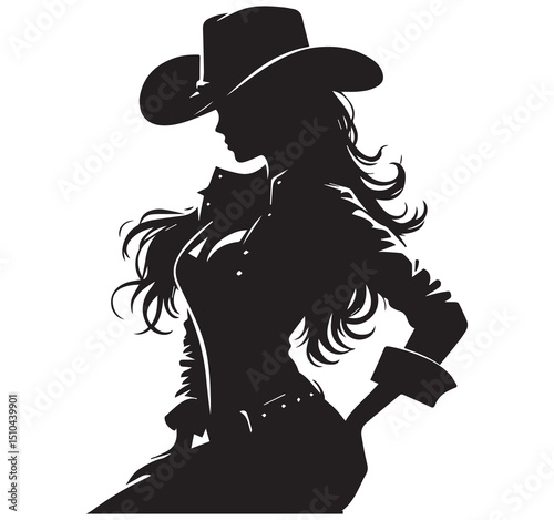 Striking Black Silhouette Art of Woman in Cowboy Hat Western Cowgirl Style Graphic Design