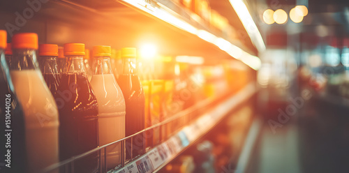 Milk bottles on shelves in grocery store aisle under bright lighting
