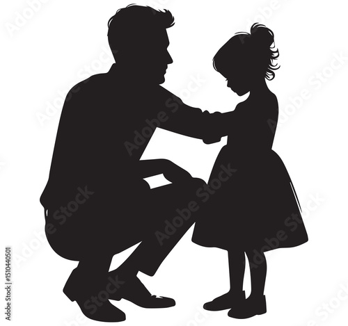 Black Silhouette of Father Kneeling Comforting His Young Daughter Emotional Family Bond and Support