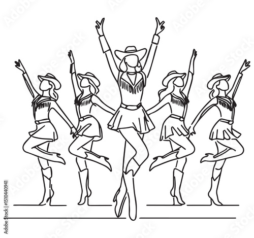 Continuous Line Art Illustration of Five Cowgirl Dancers in Western Outfits Kicking