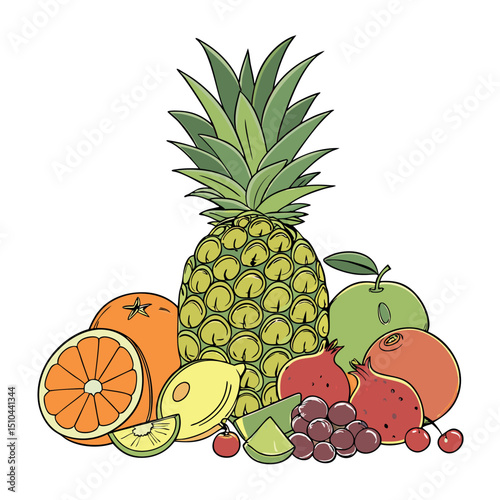 A vibrant tropical fruit composition on a soft pastel green background. The centerpiece is a whole pineapple with its green spiky top surrounded by a colorful assortment of sliced and whole fruits.