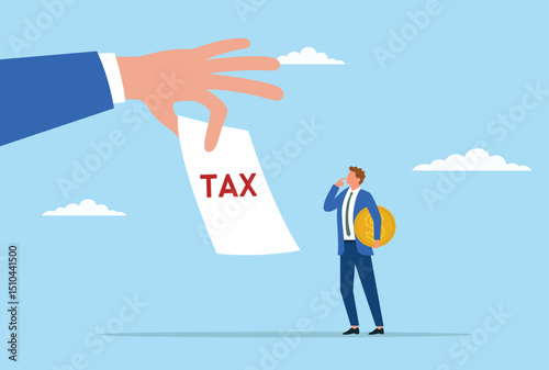 Vector illustration of a businessman facing a large hand holding tax documents, symbolizing financial pressure, tax obligations, and economic burden in a corporate environment

